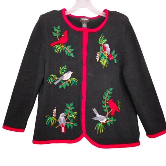 Vintage Cardinal Black Cardigan Sweater Songbird | Size XL - Picture 1 of 8